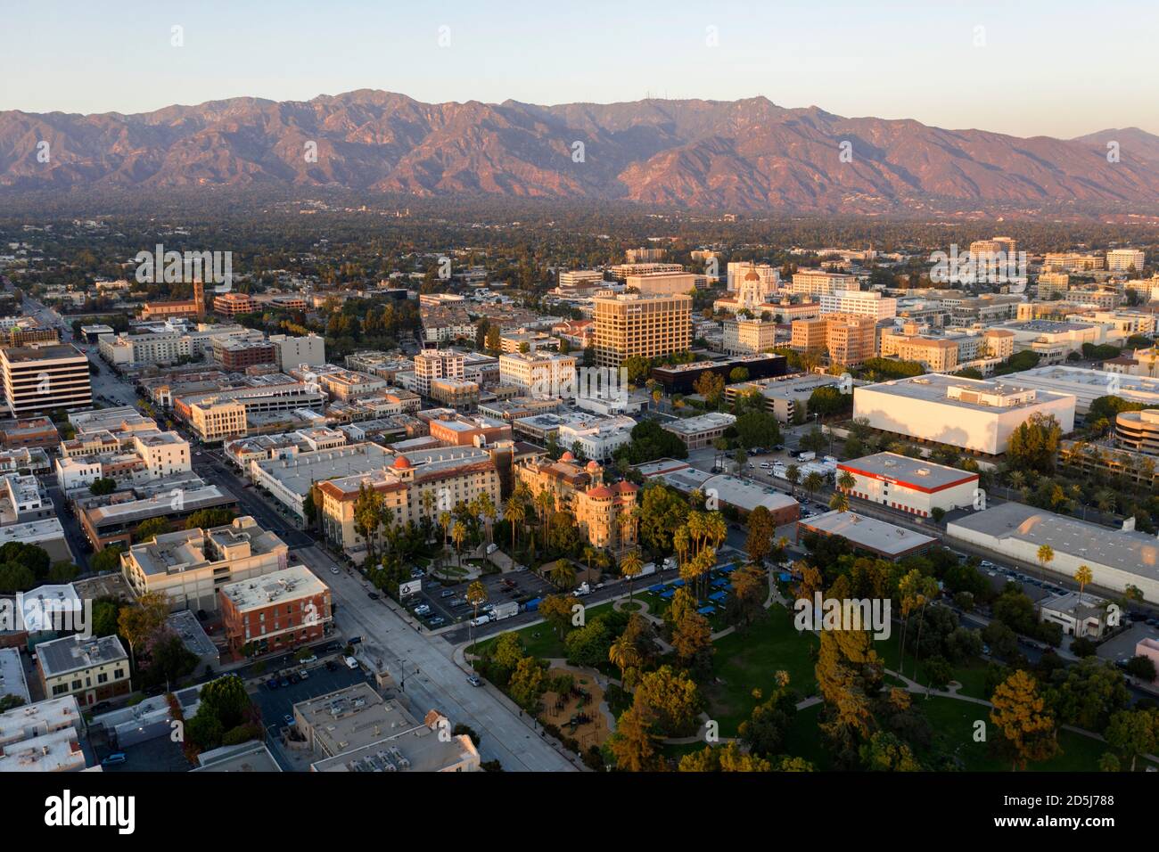 Aerial view of downtown Pasadena, California at sunset with the San Gabriel Mountains Stock Photo