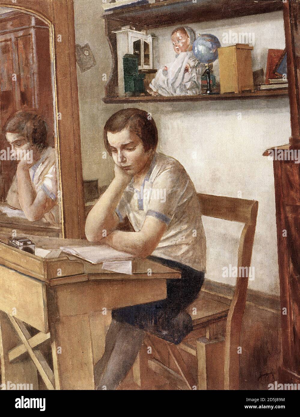 Petrov-Vodkin Kuzma - Girl at the Desk - Russian School - 19th  Century Stock Photo
