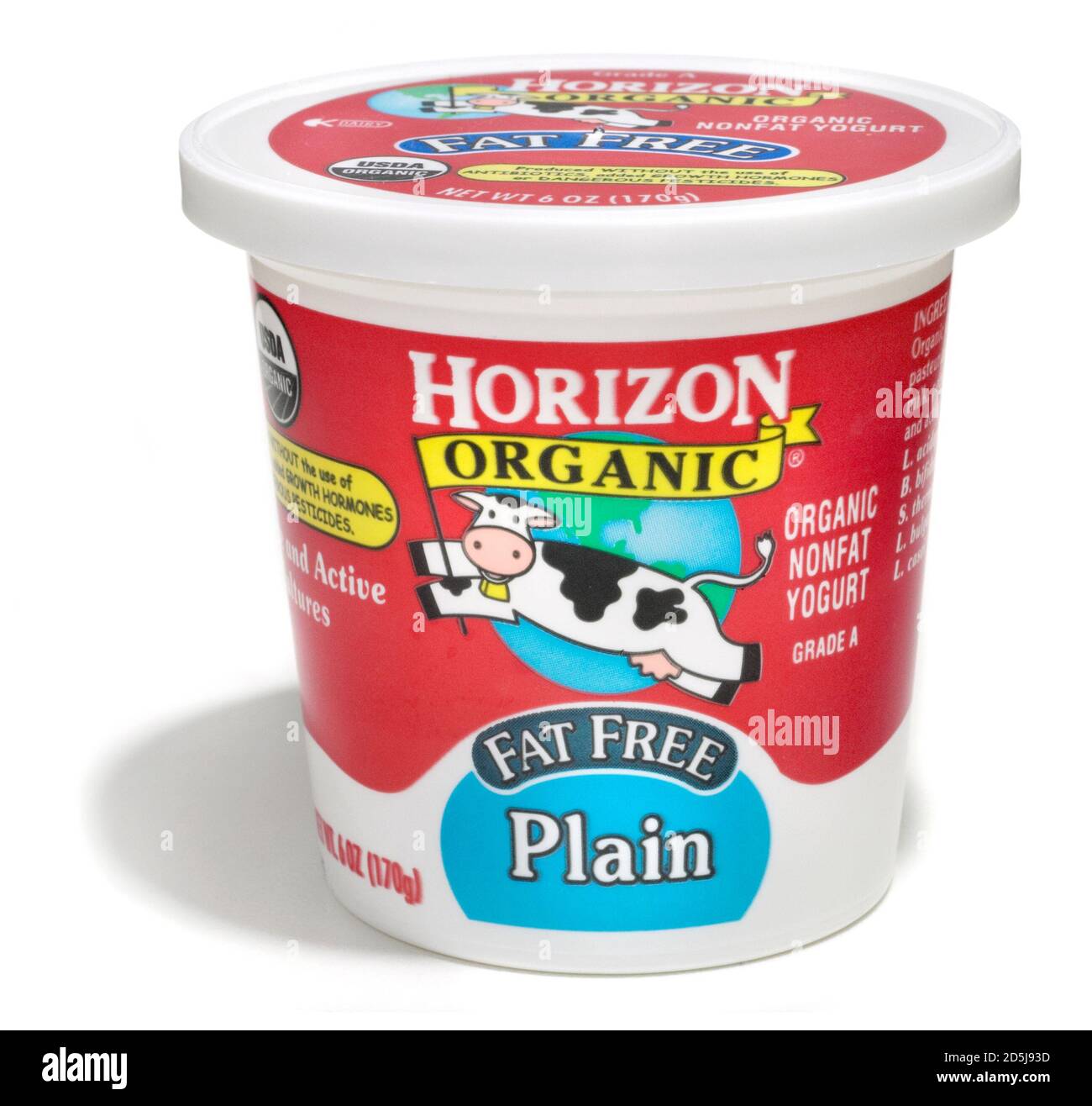 Container of Horizon organic fat free plain yogurt photographed on a