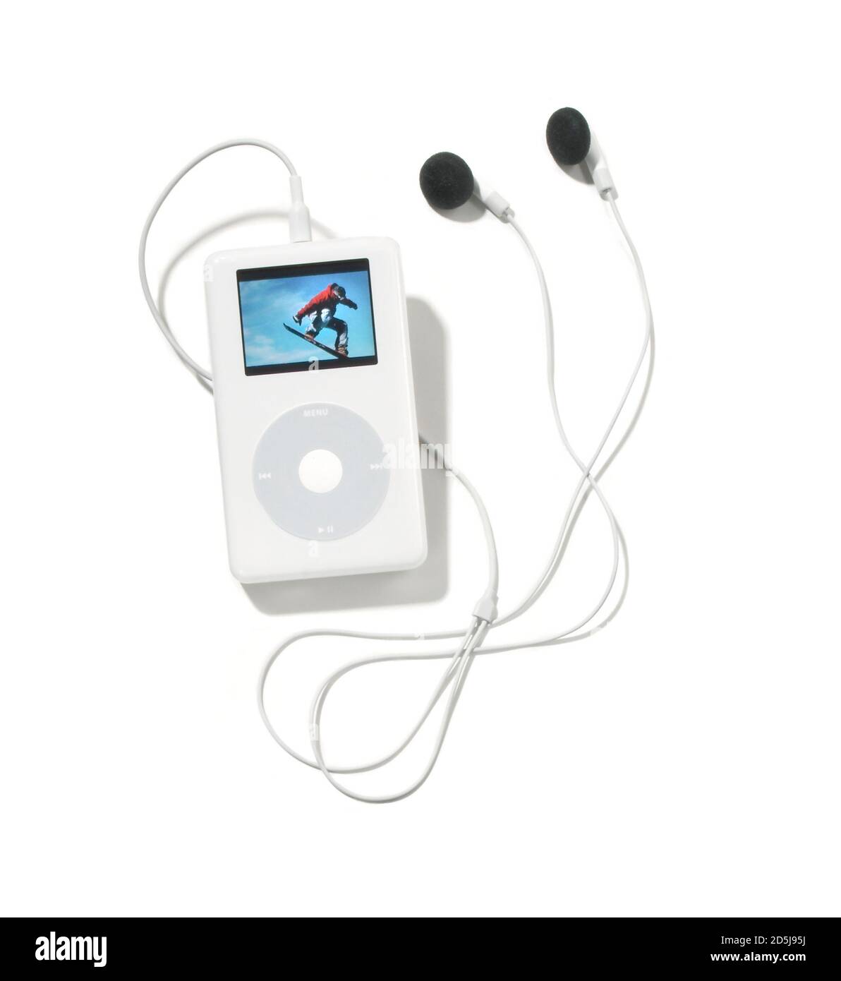 an apple ipod photo model with earbuds photographed on a white
