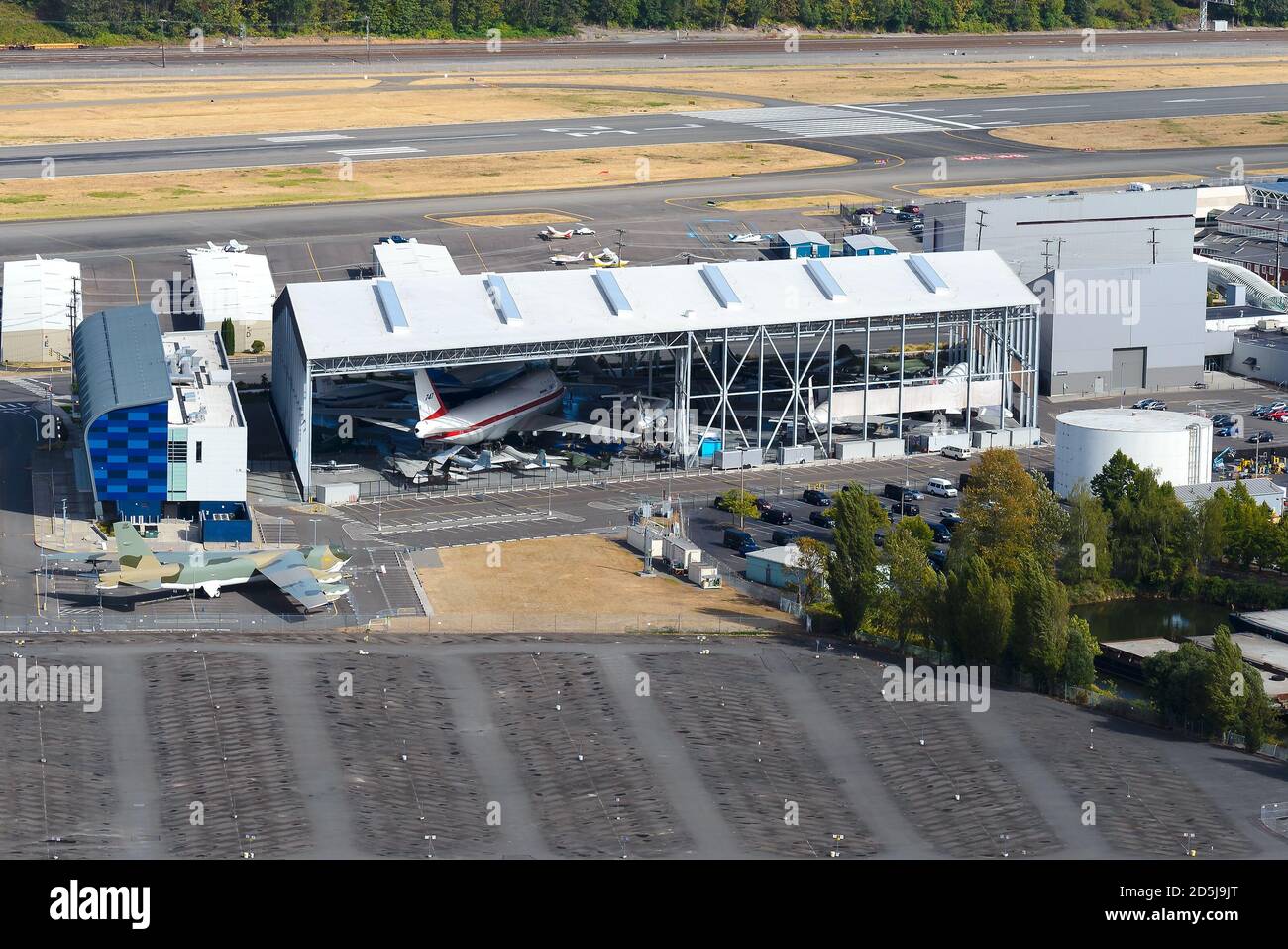 The Museum of Flight located at Seattle King County International Airport. Aerial view of Aviation Museum in United States. Stock Photo