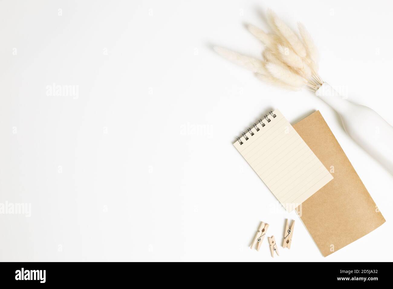 Notebook with vase of dry grass on white background. flat lay, top view, copy space. Work and study place Stock Photo