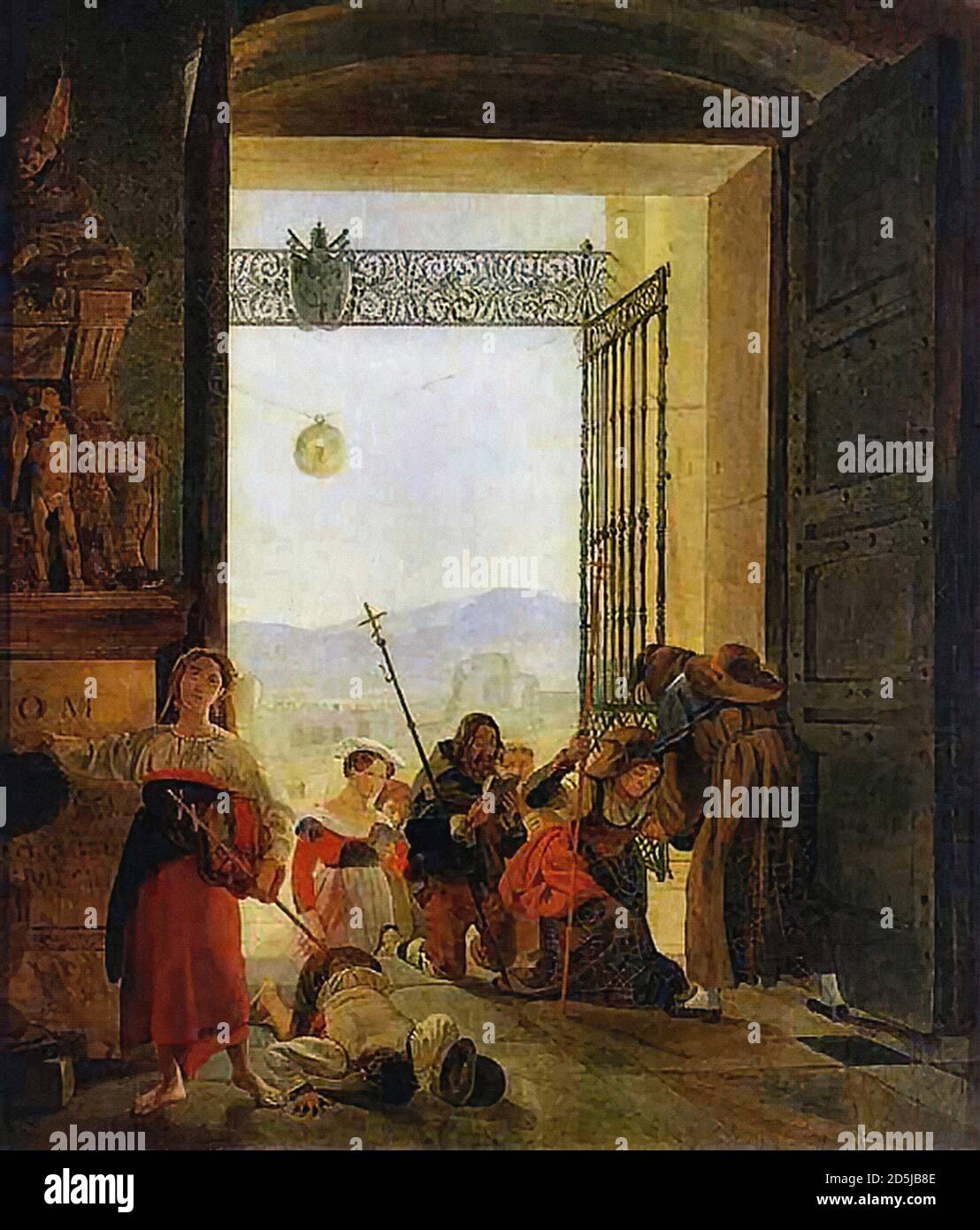 Briullov Karl - Pilgrims at the Entrance of the Lateran Basilica - Russian School - 19th  Century Stock Photo