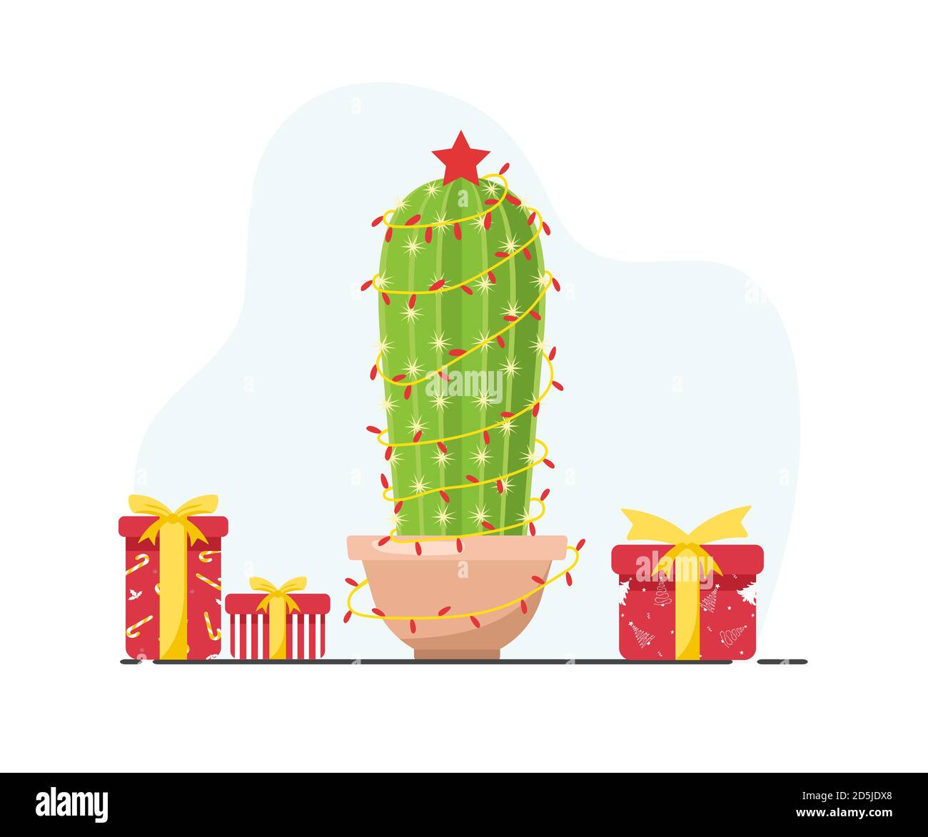 Cute cactus with new year garlands and gifts. Feliz navidad. Merry ...