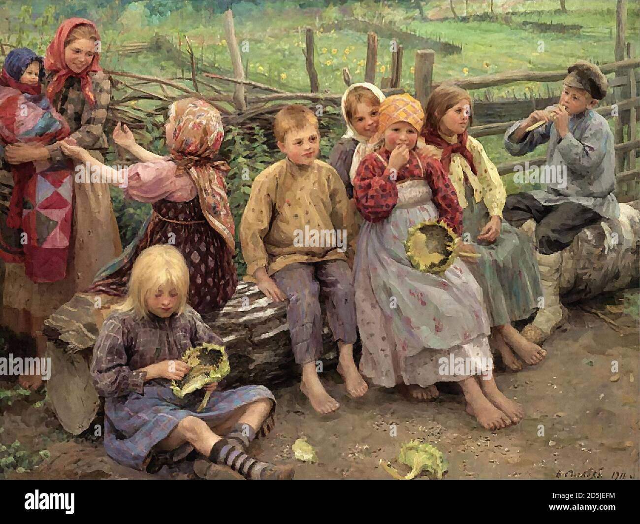 Sychkov Fedot Vasilievich - Children with Sunflowers - Russian School - 19th  Century Stock Photo