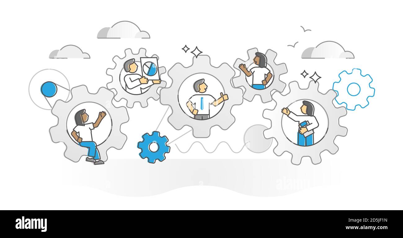 Workflow management as united employee mechanism monocolor outline ...