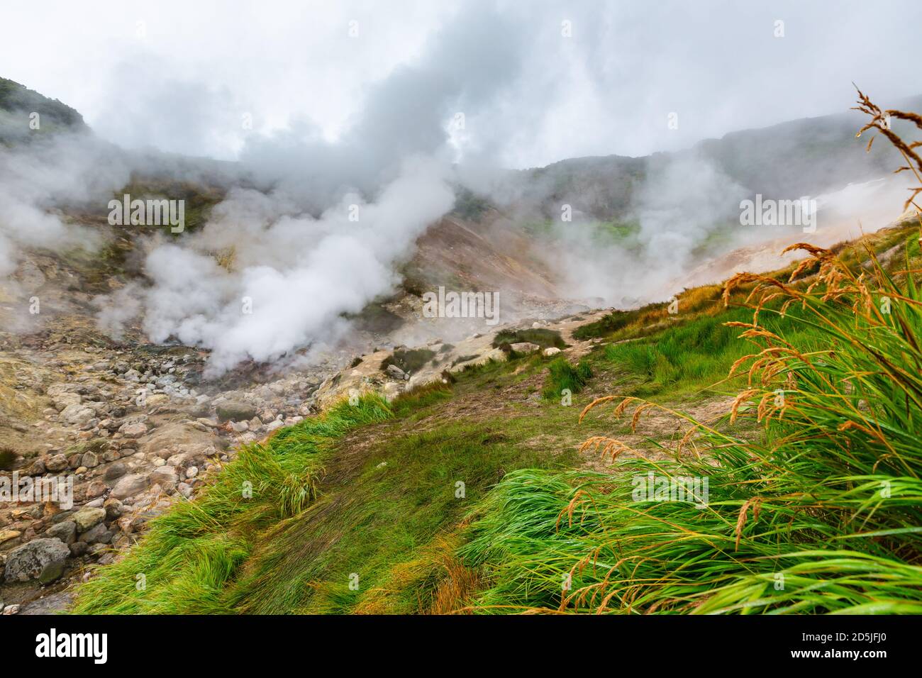 Thrilling view of volcanic landscape, aggressive hot spring, erupting