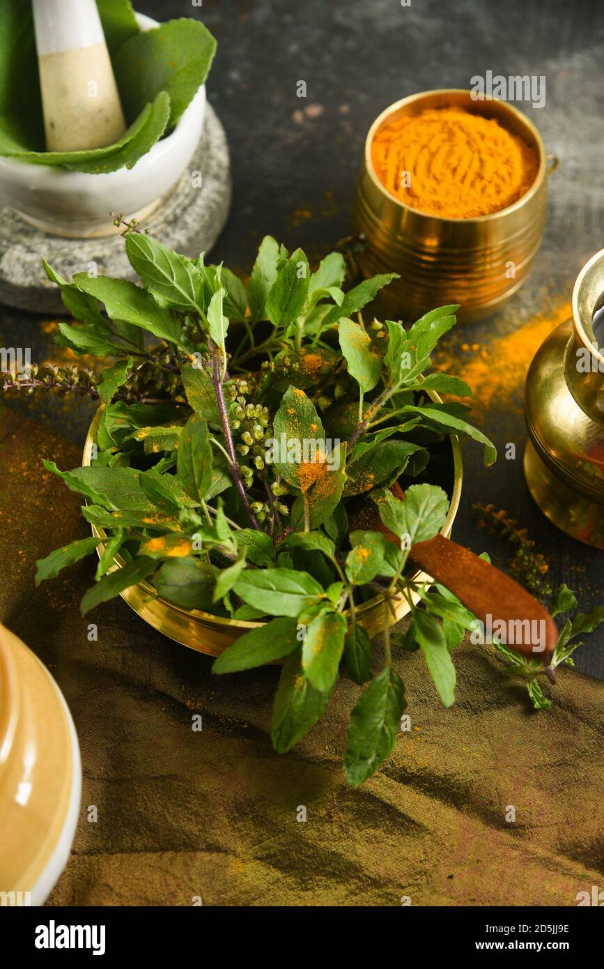 Tulsi leaves turmeric powder Indian Ayurveda anti virus antiseptic