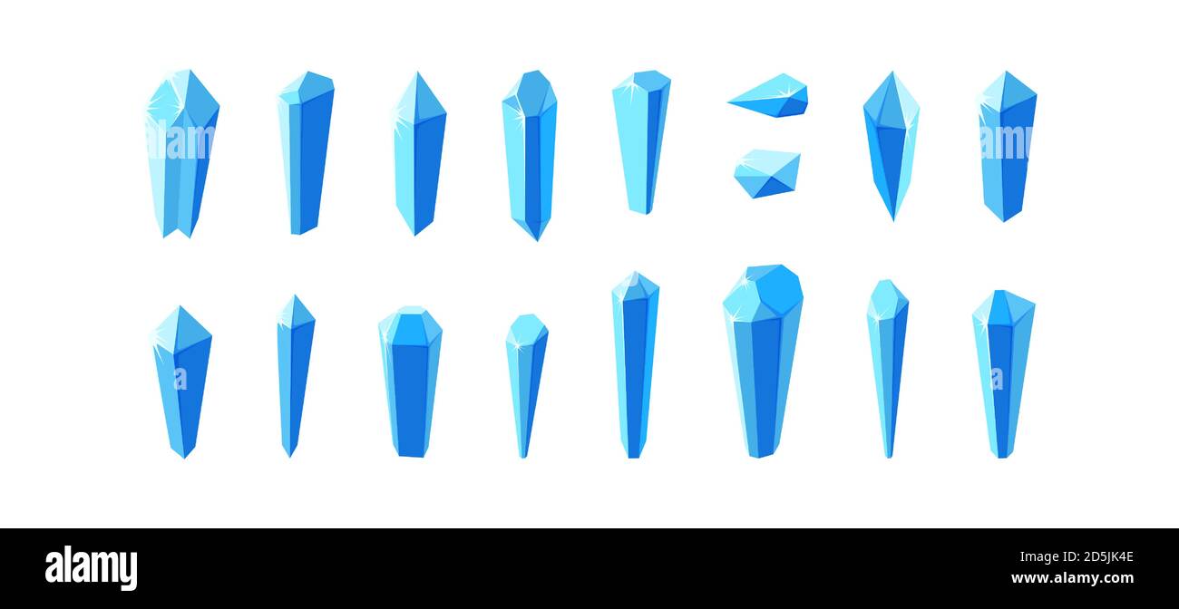 Ice crystals and minerals isolated in white background. Big set of