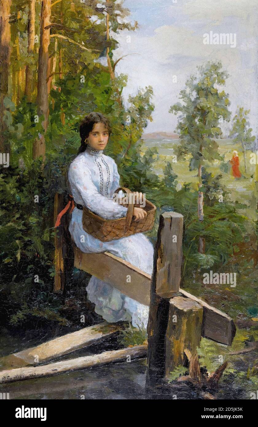 Sychkov Fedot Vasilievich - Young Woman in White Dress with Basket - Russian School - 19th  Century Stock Photo