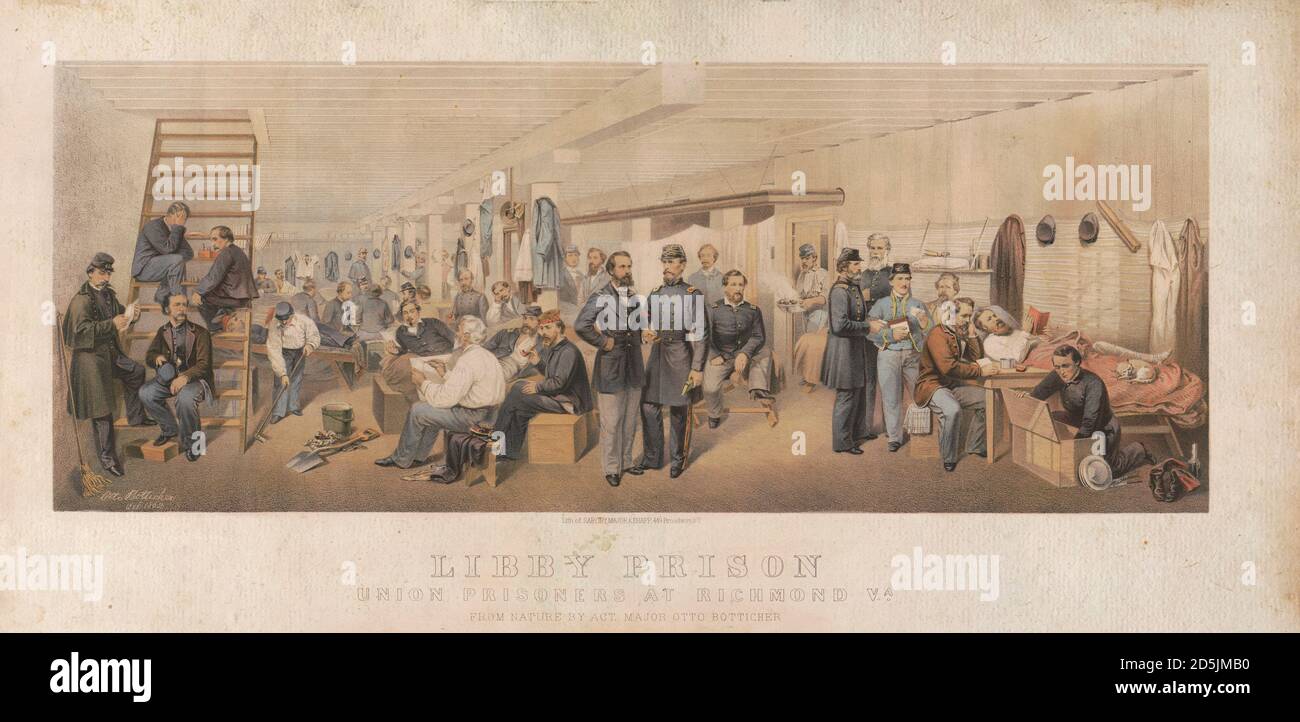 Libby Prison, Union prisoners at Richmond, Va. / from nature by Act. Major Otto Boetticher. N.Y. USA 1863 Print shows the interior of Libby Prison, Ri Stock Photo