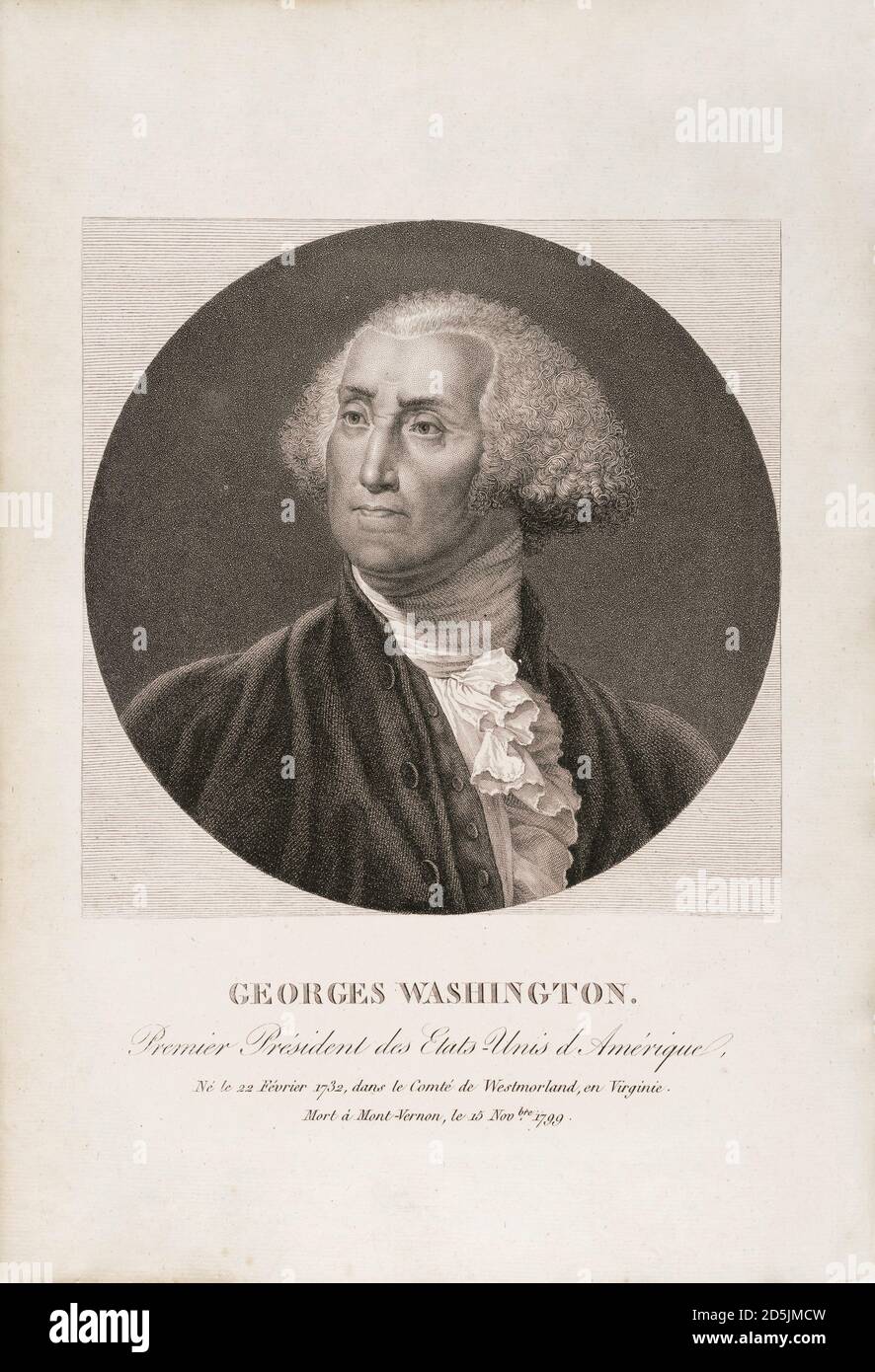 Engraving of George Washington, head-and-shoulders portrait, wearing uniform, facing left, in medallion cut from larger print. Stock Photo