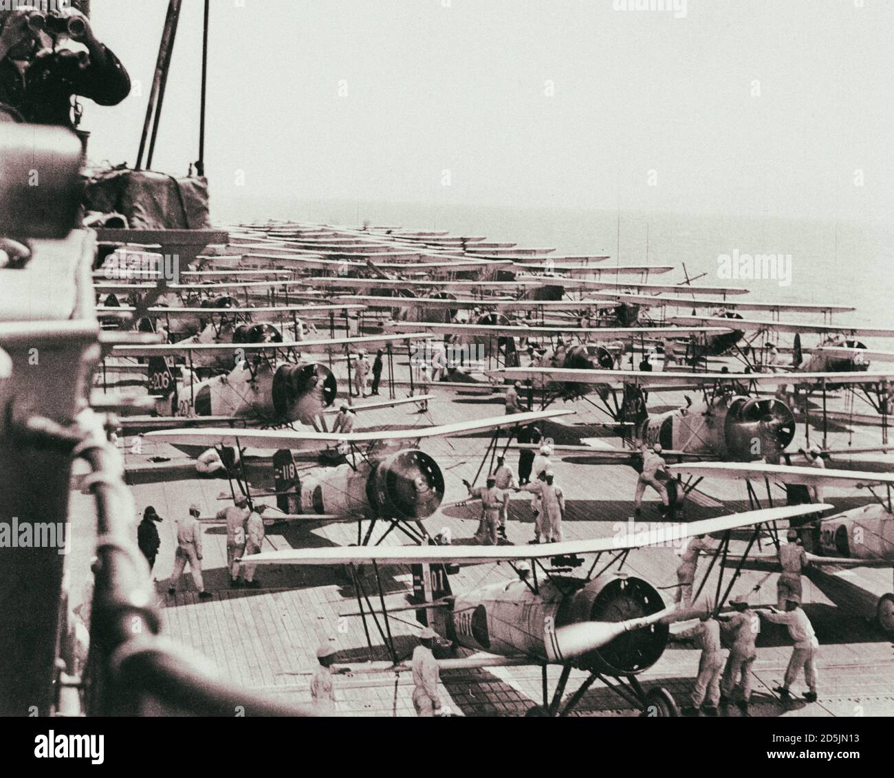 The Japanese “Kaga” aircraft carrier conducts flight operations during the Japan-China War in 1937. China. May 1937 On the deck of “Kaga” aircraft car Stock Photo