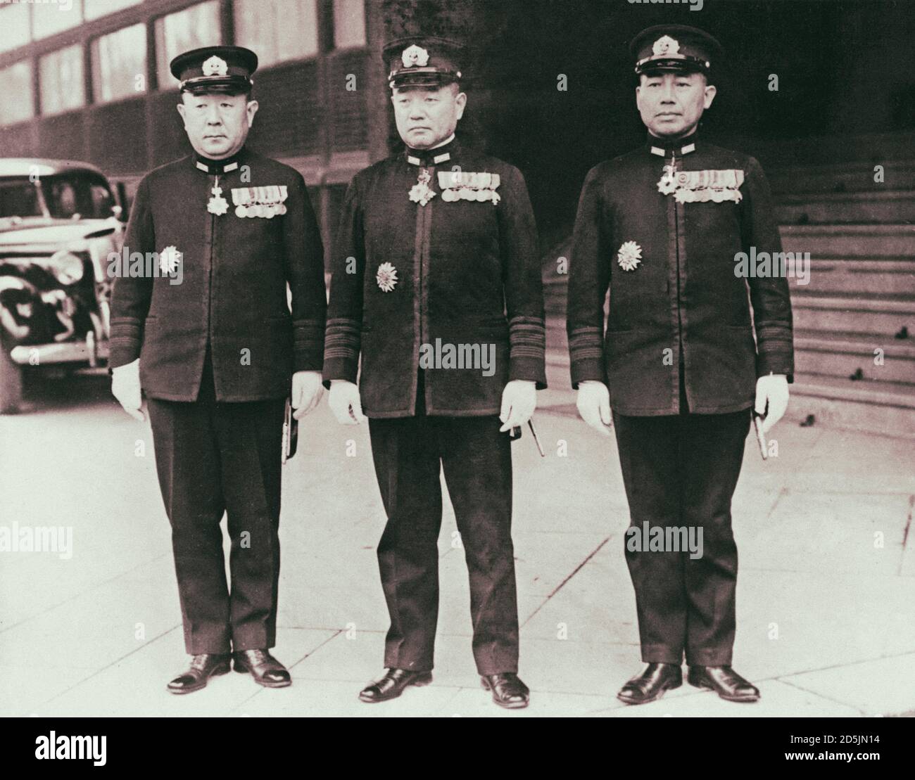 Japanese naval officers: Rear Admiral Tamon Yamaguchi, Commander of the 2nd Carrier Squadron, Vice Admiral Shiro Takatsu, 4th Fleet Commander, and Rea Stock Photo