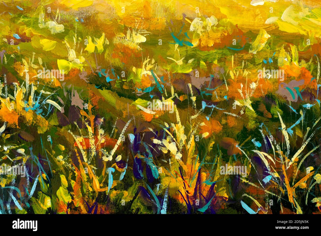 Original oil painting of sunny  grass flowers, beautiful field close-up fragment artwork on canvas. Modern Impressionism. Impasto artwork. Stock Photo