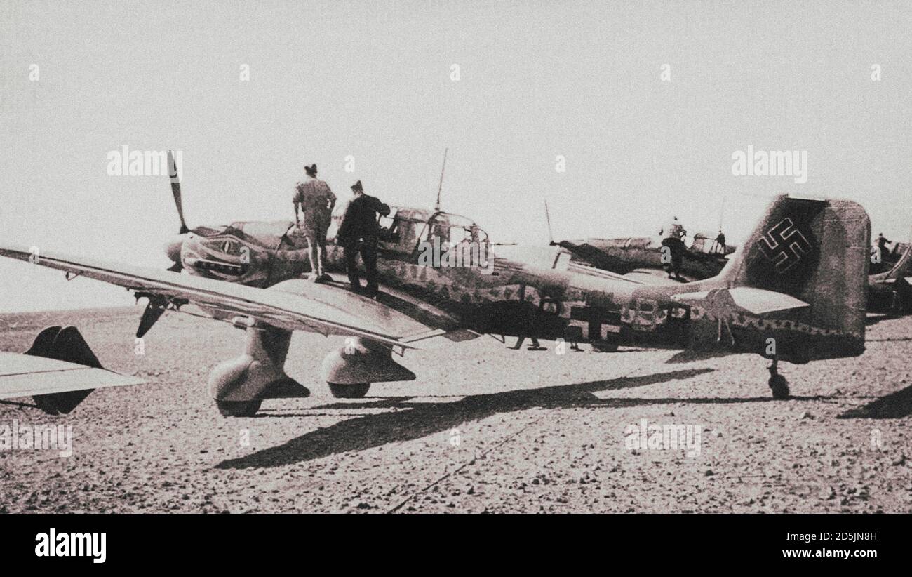 German Junkers Ju-87B-2 dive bomber of Lieutenant Hubert Polz from ll/StG2 Luftwaffe Squdron in North Africa. Libya, North Africa. 1941 Stock Photo