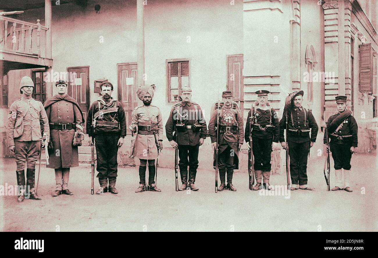 Archival photo of the coalition sent in response to Boxers in China: Britain, US, Australia, India, Germany, France, Austria-Hungary, Italy and Japan. Stock Photo