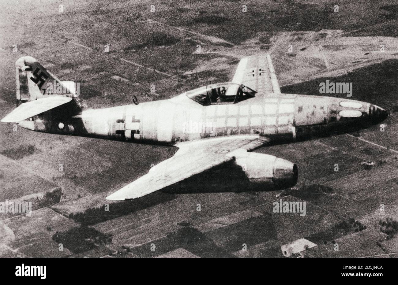 German Messerschmitt Me-262 jet fighter of the Nazi Luftwaffe in flight. At the helm of the aircraft pilot Hans Fay, previously surrendered to the Ame Stock Photo