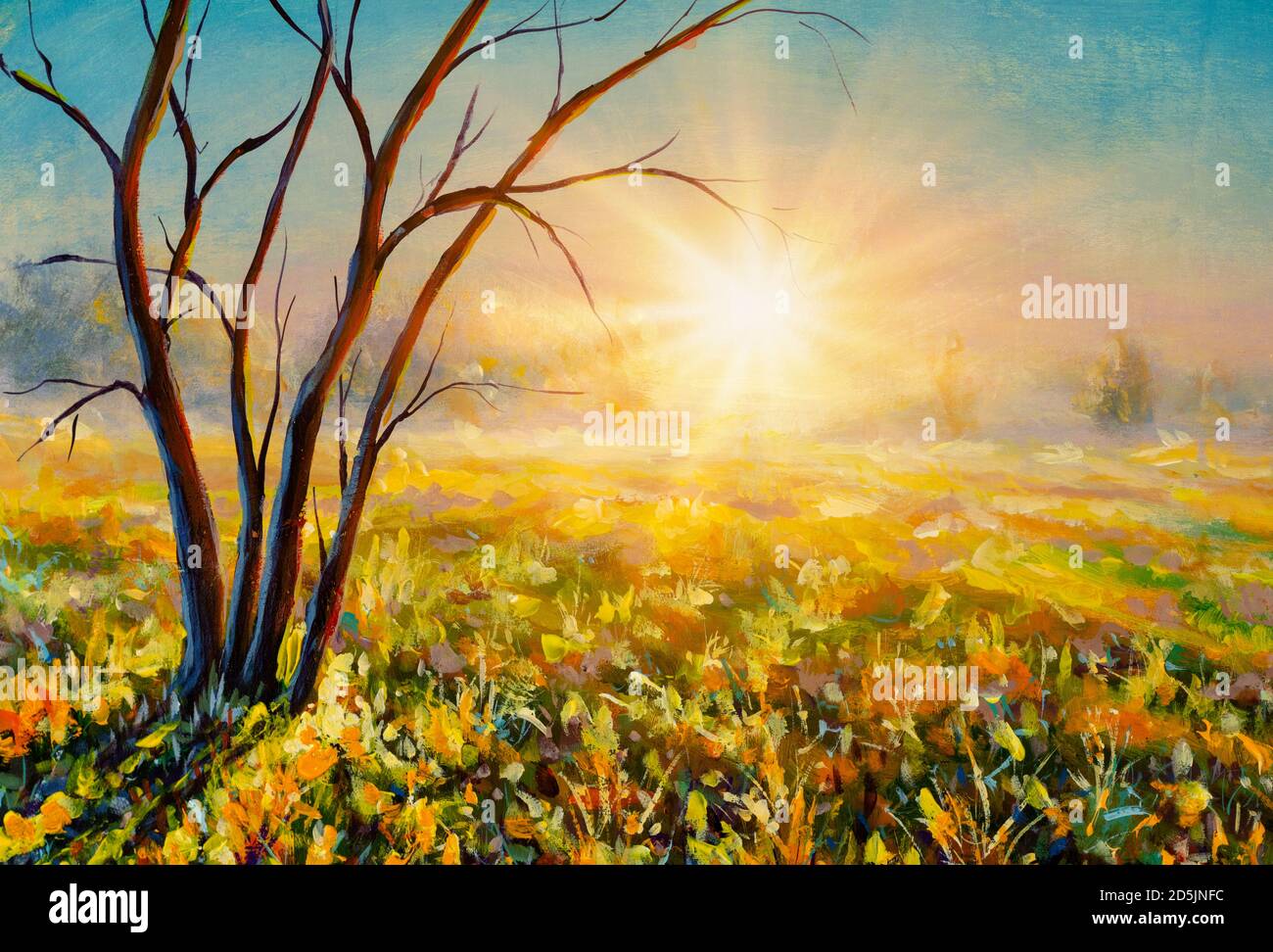Original oil painting of foggy morning sunrise sunset in meadow field on canvas. Modern Impressionism.Impasto artwork Stock Photo