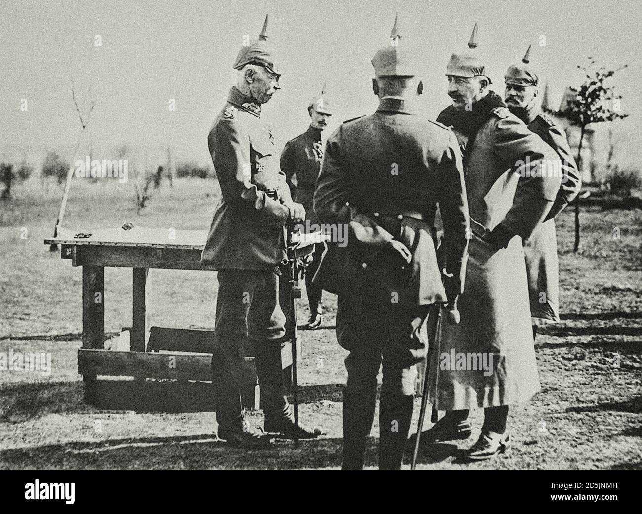Kaiser Willhelm II with German officers in a discussion on the Western Front. The period of the World War I. Stock Photo