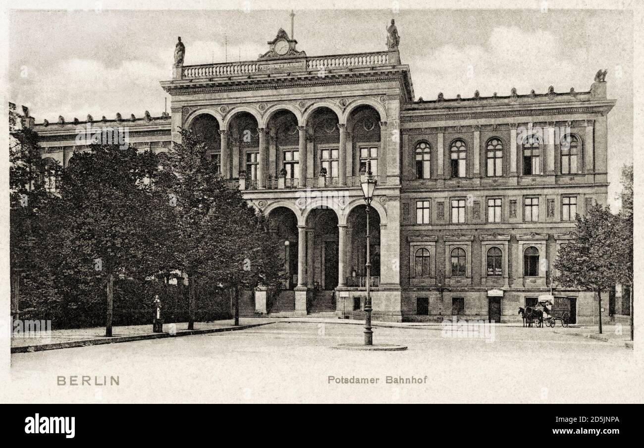 Retro German postcard. Potsdam railway station. Berlin. Germany. 1900s Stock Photo