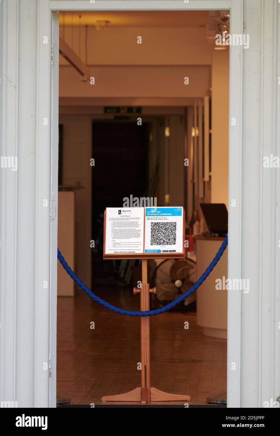 Protocols displayed on a lecturn at the entrance to the Byard art shop, Cambridge, England, during the coronavirus pandemic, October 2020. Stock Photo