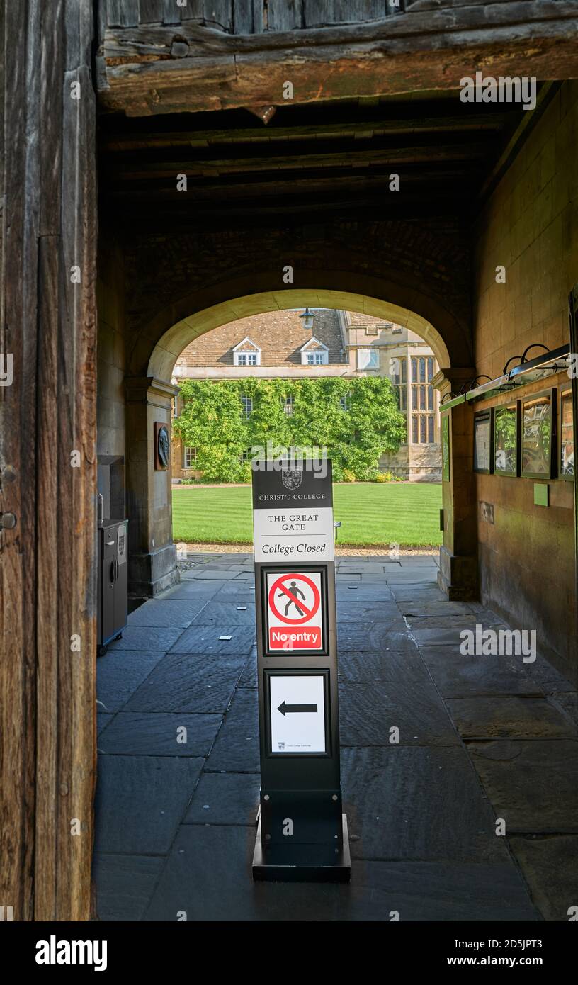 Christ college, university of Cambridge, England, closed to visitors during the coronavirus pandemic, October 2020. Stock Photo
