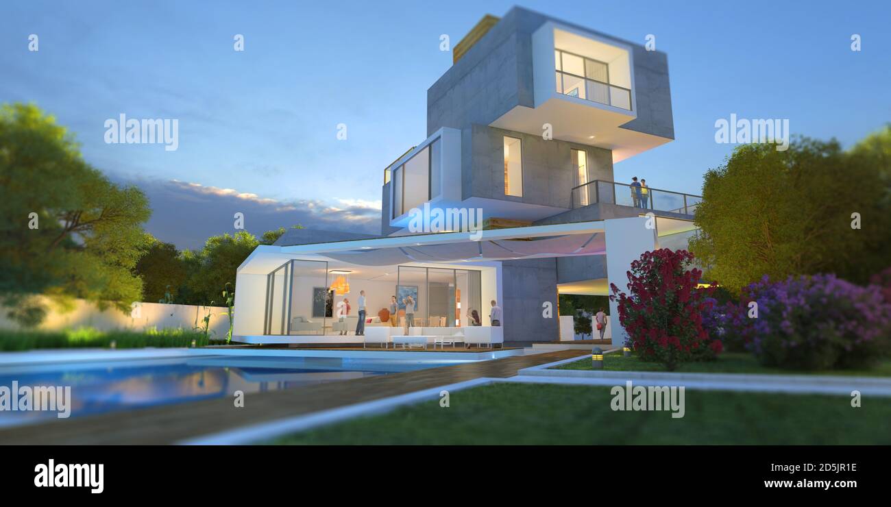 3d Rendering Of A Modern House With Pool And Garden Built In Different Independent Levels Stock Photo Alamy