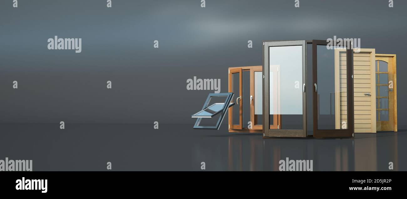 3D rendering of a selection of different types of doors and windows Stock Photo