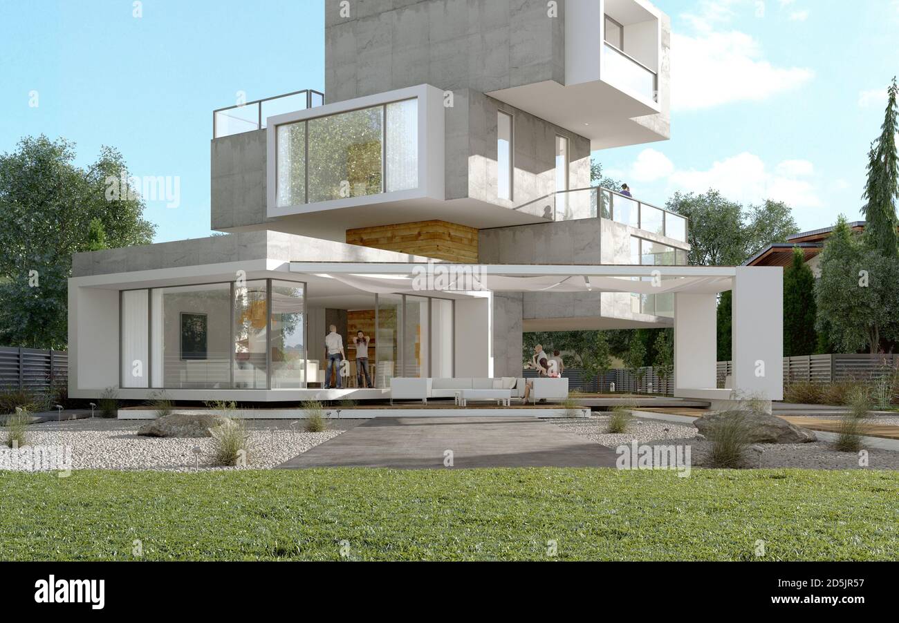 3D rendering of a modern concrete house built in different independent ...