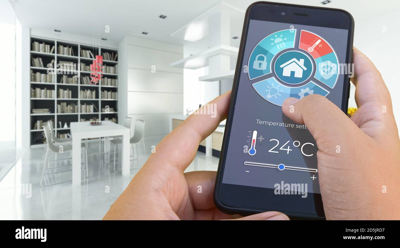 3D rendering of a modern interior controlled by a smartphone app Stock ...