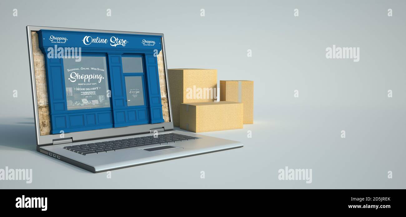 3D rendering of a computer with a traditional shop on the screen and a ...