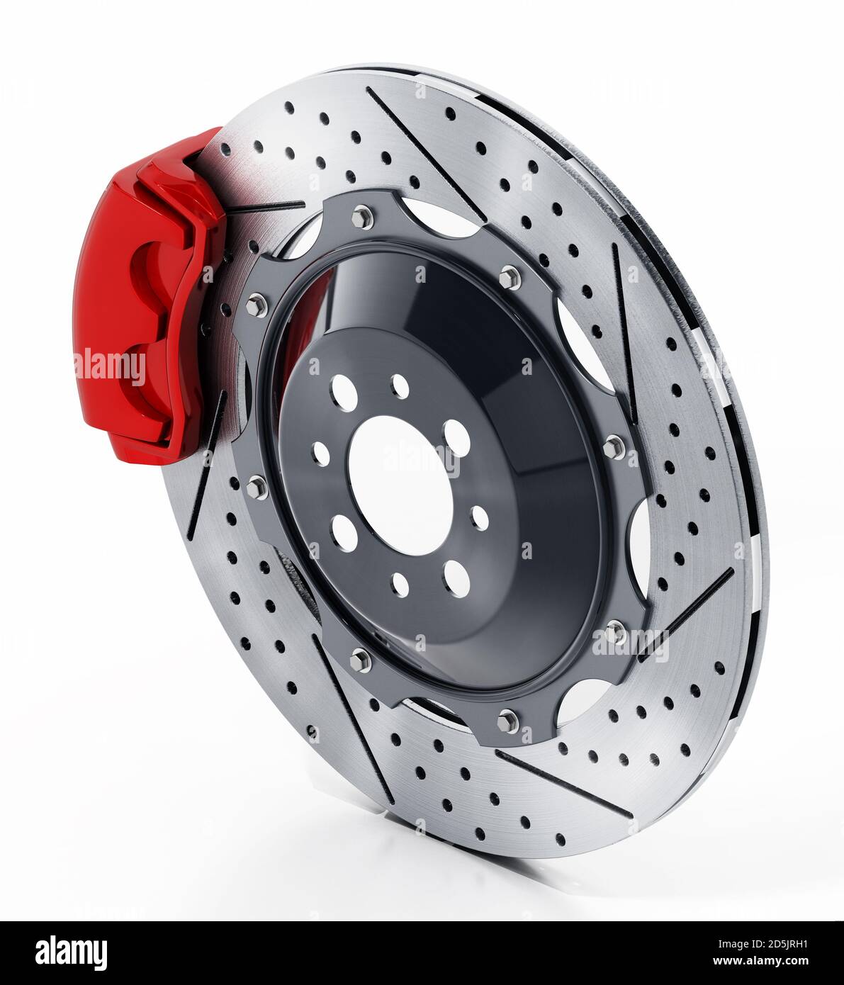 Performance brake disc and red brake pad isolated on white background