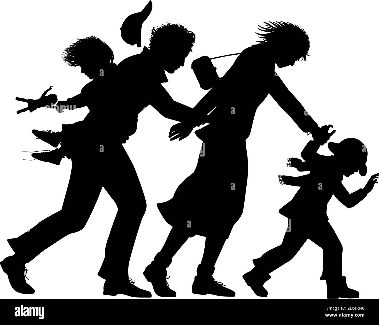 Editable vector silhouette of a family struggling against a strong wind with all figures as separate objects Stock Vector