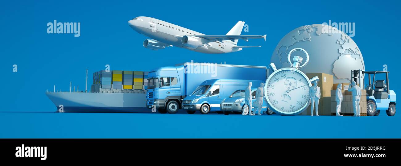 3D rendering of the world, packages and air, land and sea means of transport with a chronometer Stock Photo