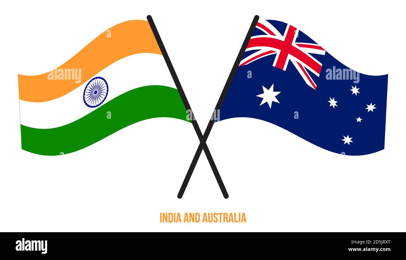 India and Australia Flags Crossed And Waving Flat Style. Official