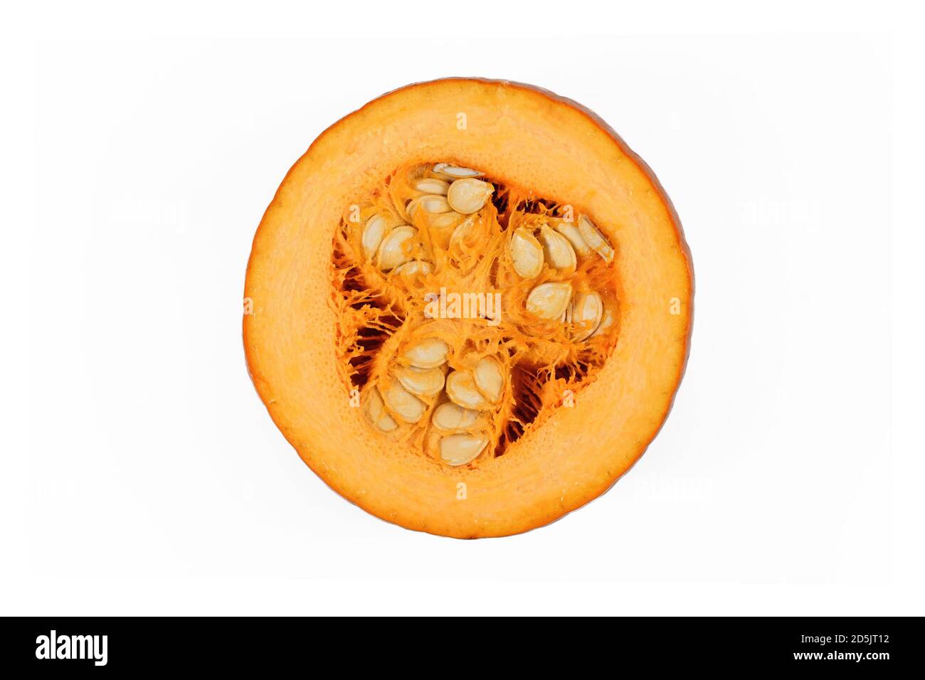 Open 'Baby Bear' Halloween pumpkin showing vegetable meat and seeds inside. Isolated on white background Stock Photo
