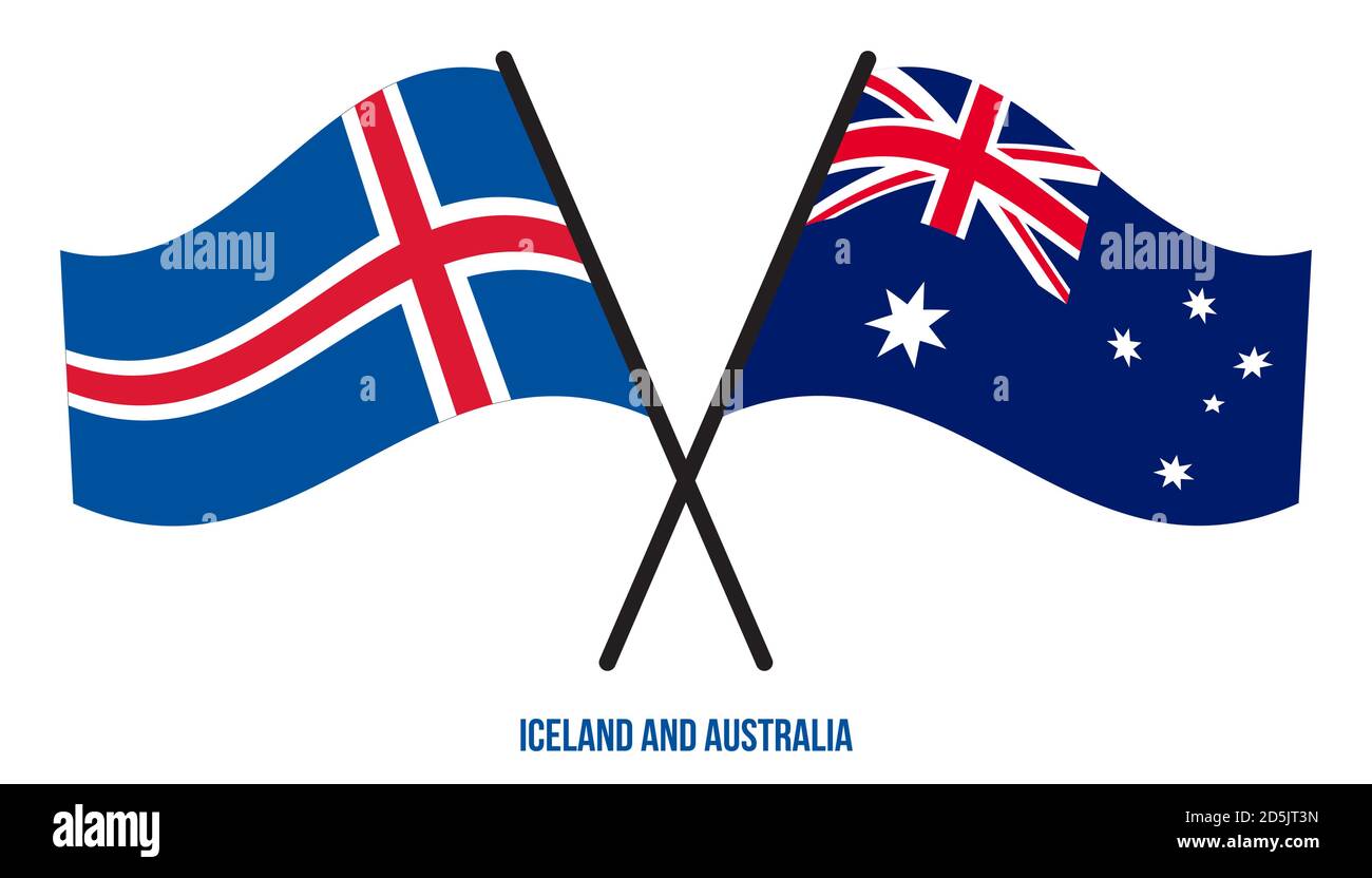 Iceland and Australia Flags Crossed And Waving Flat Style. Official Proportion. Correct Colors
