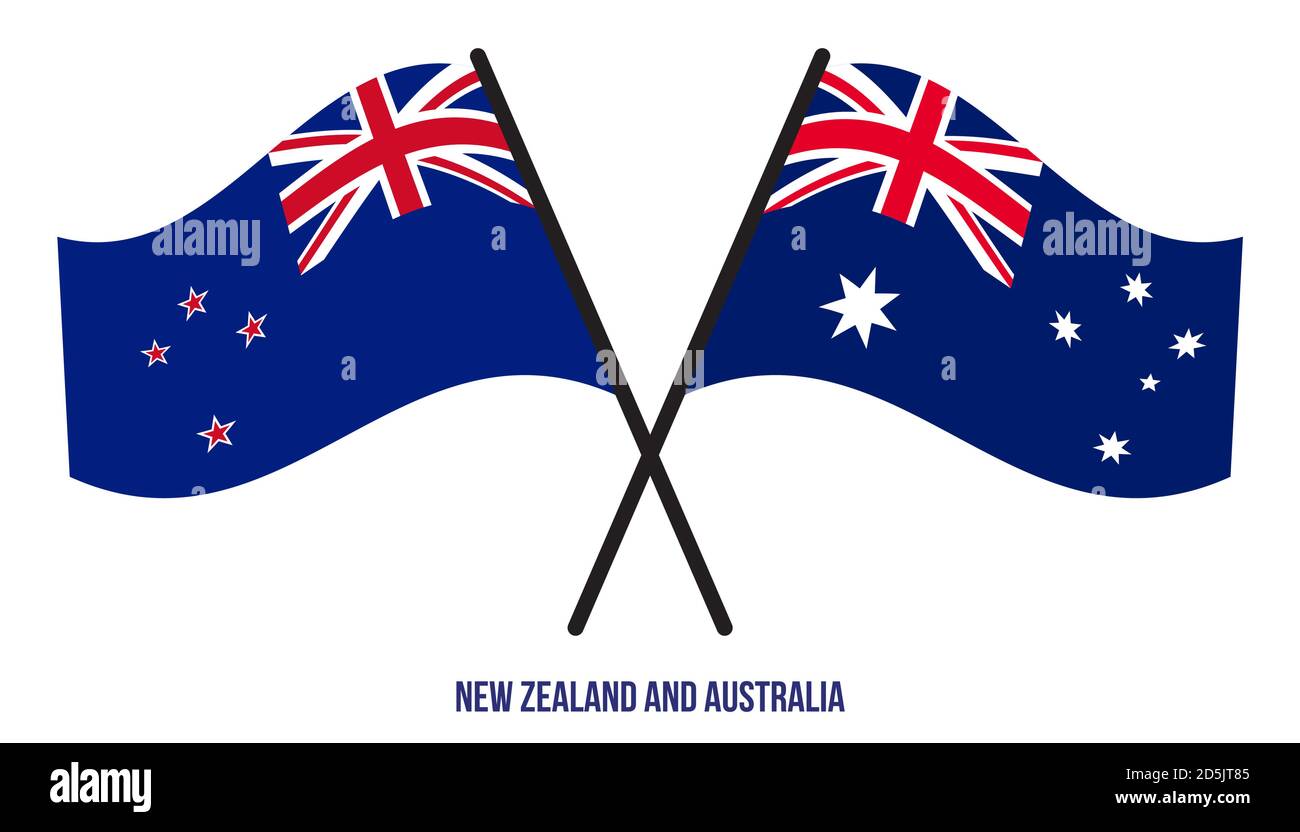 New Zealand and Australia Flags Crossed And Waving Flat Style. Official Proportion. Correct