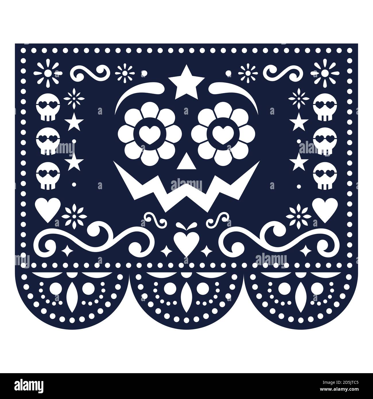 Halloween and Day of the Dead Papel Picado vector design with pumpkin face, Mexican paper cut out pattern - Dia de Los Muertos celebration Stock Vector