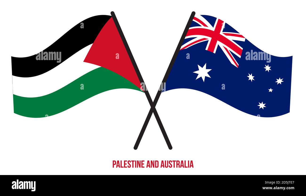 Palestine and Australia Flags Crossed And Waving Flat Style. Official Proportion. Correct Colors. Stock Vector