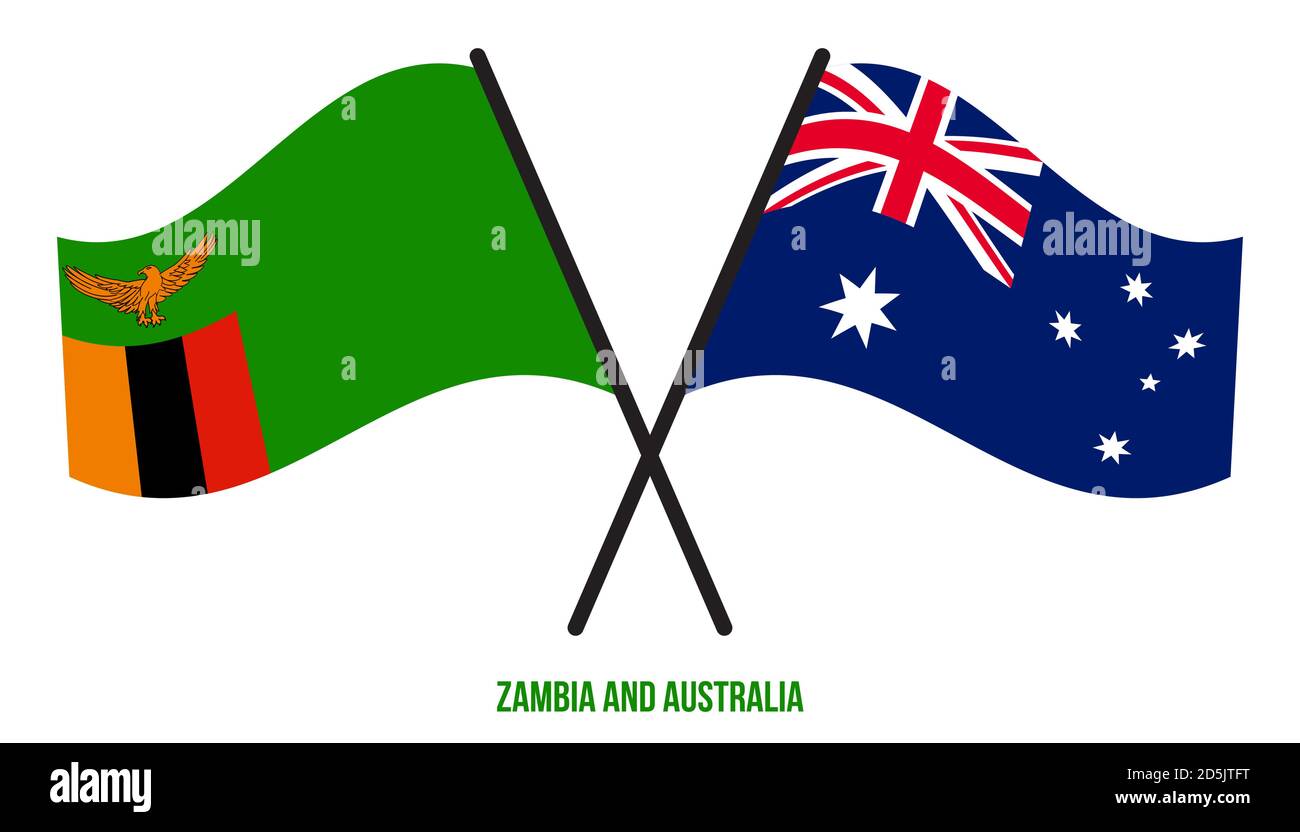 Zambia and Australia Flags Crossed And Waving Flat Style. Official Proportion. Correct Colors. Stock Vector