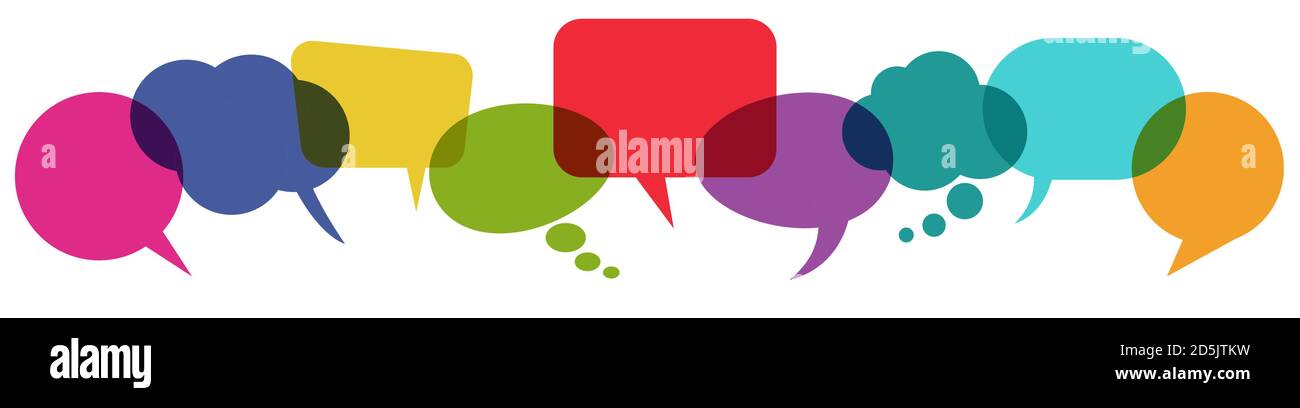 illustration of colored speech bubbles in a row with space for text on ...