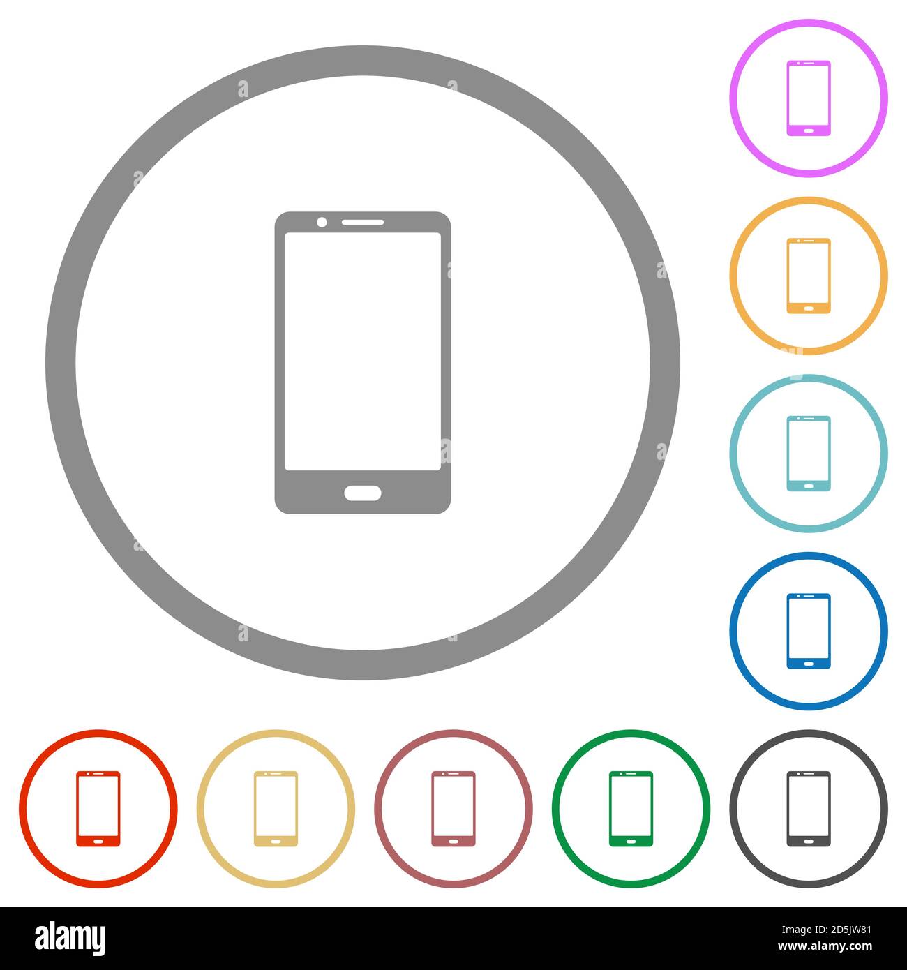 Modern mobile phone with one button flat color icons in round outlines ...