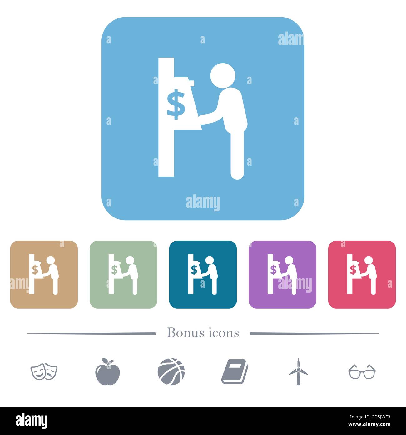 Dollar cash machine white flat icons on color rounded square ...