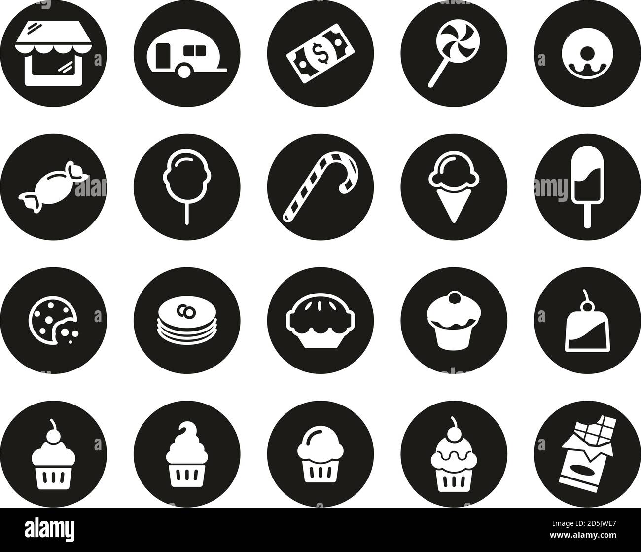 Candy Shop Icons White On Black Flat Design Circle Set Big Stock Vector ...
