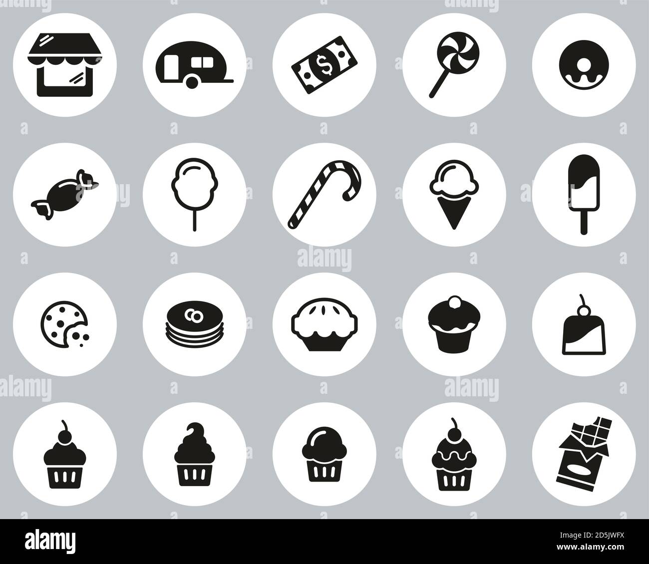 Candy Shop Icons Black & White Flat Design Circle Set Big Stock Vector ...