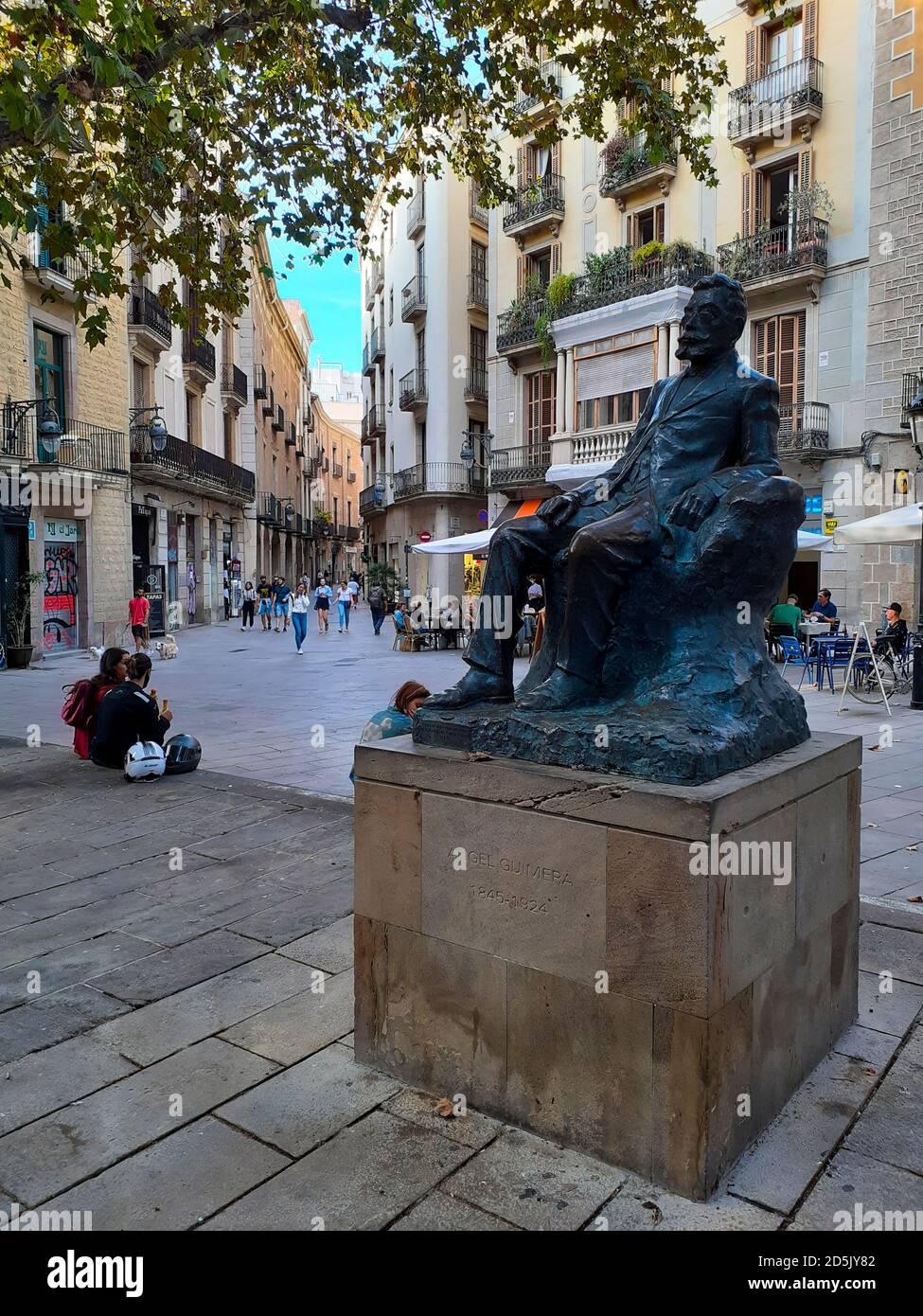 Statue of Àngel Guimerà. Plaça Sant Josep Oriol. Gothic quarter. Barcelona, Catalonia, Spain. Stock Photo