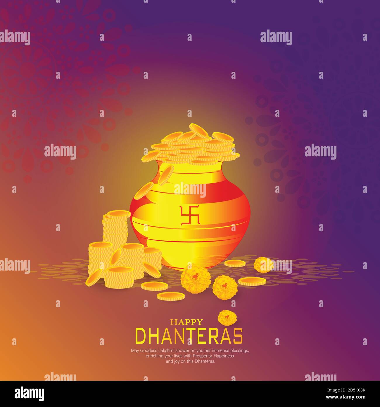 Dhanteras festival card with Gold coin in pot golden patterned and red ...