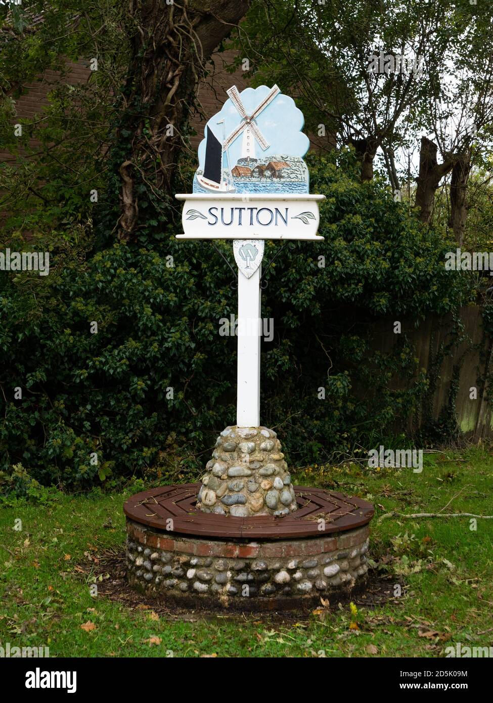 Traditional village sign at Sutton, Norfolk, UK Stock Photo